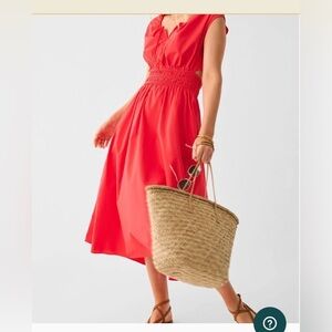 Faherty Amalfi Organic Cotton Red Smocked Midi Dress Boho Coastal Euro Summer M
